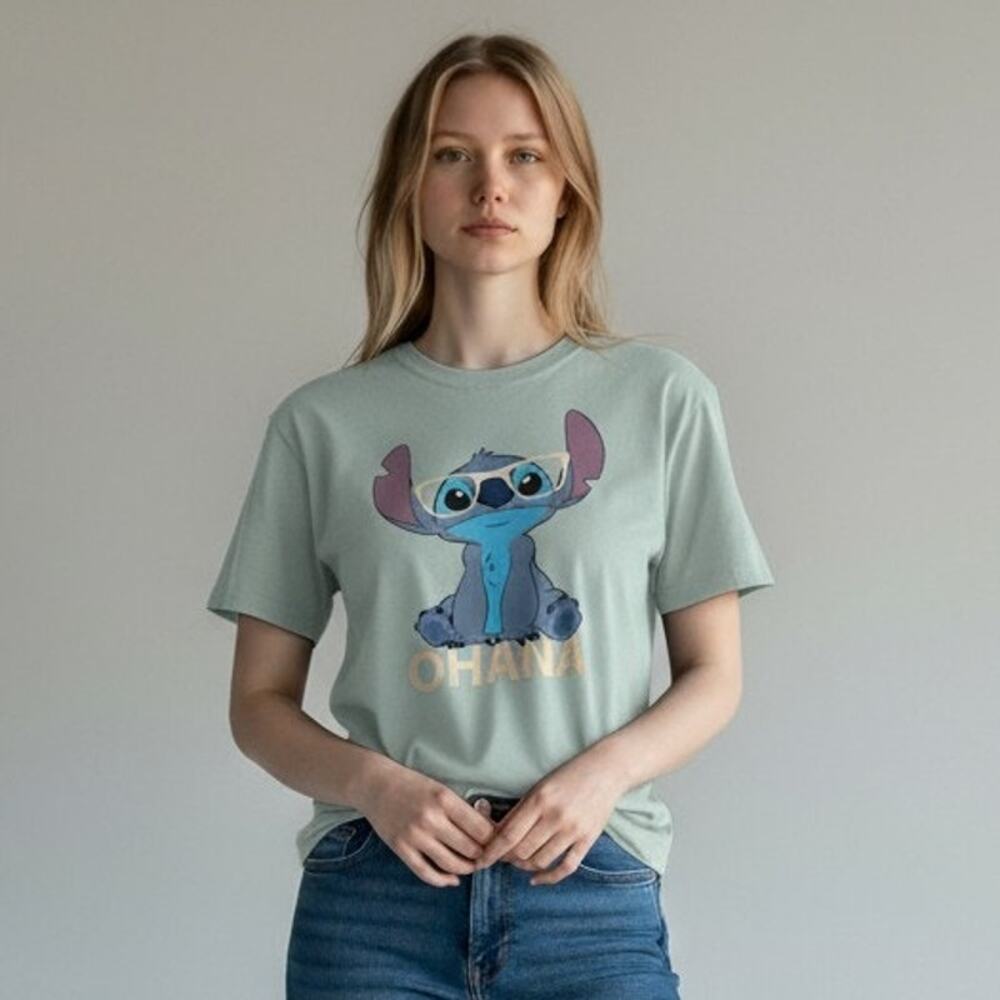 Disney Stitch Juniors XL Green Graphic T Shirt Glasses Tie Front Lilo & Stitch